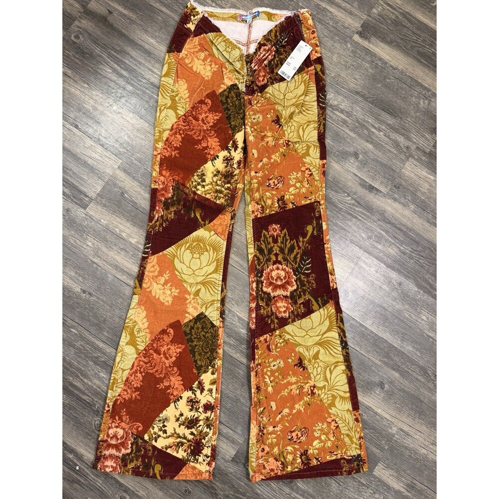NWT Urban Outfitters Patchwork Floral Flare Pants 30 Velvet Boho 70s Y2K